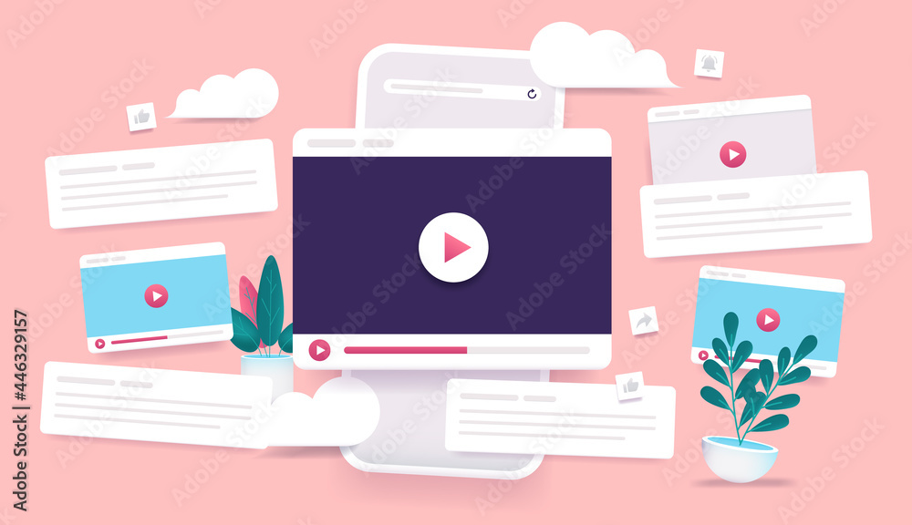 Aufkleber viral video - vector illustration of smartphone with video player windows and comments. vlog and inf