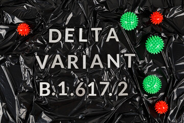 words delta variant B.1.617 laid with silver metal letters on crumpled black plastic bag background...