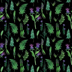 Watercolor seamless pattern with fern, plantain leaves and thistle flowers