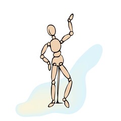 Wooden man model artist movable limbs doll. Gesture, action and movement study, draw. Human figure isolated.