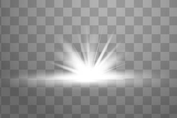 White glowing light explodes on a transparent background. Sparkling magical dust particles. Bright Star. Transparent shining sun, bright flash. Vector sparkles. To center a bright flash