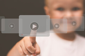 A little girl chooses a video to watch. The child's finger presses the video play button. A playlist of videos in an infographic. - obrazy, fototapety, plakaty