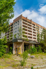 Vertical view of an Abandoned decaying Soviet apartment blocks in the city of Pripyat, Ukraine - evacuated after the Chernobyl disaster