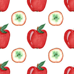 Watercolor seamless pattern with bright red apple and apple slice on a white background. Pattern for packaging, fabric, paper, kitchen, etc.