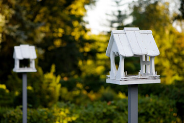Wooden bird feeder with berries and wheat inside, birdhouse on a beautiful blurred background of yellow leaves outdoors. feeders in the autumn park