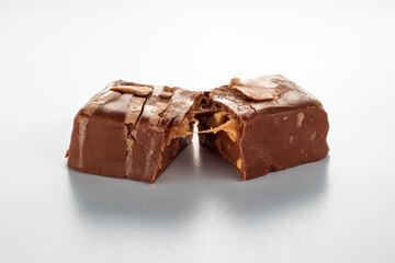Chocolate candy cut in half