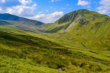 Snowdonia National Park. Epic views of mountains and valleys covered with vibrant grass and soft moss