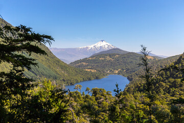 Tinquilco Lake with Villarica Volcano at the background, view edfrom Huerquehue National Park, Pucon, Chile.