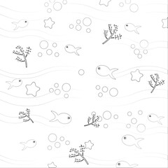 Fototapeta premium Cute fish in the sea Line design, black. Hand drawn Cute fish in the sea. Drawing fish, sketch.