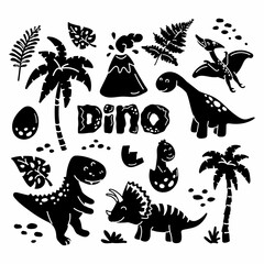 Set of isolated black silhouette dinosaurs, volcano, egg and plants. Collection of dinosaurs on white background © Valentina
