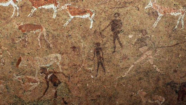 Ancient prehistoric rock painting known as the White Lady of Brandberg dating back at least 2000 years and located at the foot of Brandberg Mountain in Damaraland, Namibia, Africa.