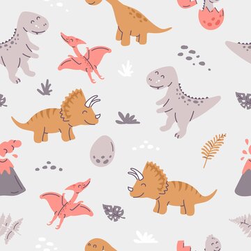 Dinosaurs seamless pattern in cartoon scandinavian style. Children's pattern with dinos, eggs, volcanoes, plants in pastel nursery color. 