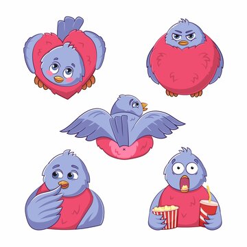 Vector set of cute funny various stickers of bird bullfinchs. Different emotions, various poses. Colored trendy illustration. Flat design. All elements are isolated. Pre-made stickers