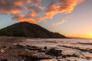 Sunset on The Exposed Lava Reef of Oneuli Beach, Makena State Park, Maui, Hawaii, USA