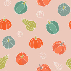 Seamless pattern with pumpkins, leaves. Colorful illustration, vector of vegetarian food. Autumn background with vegetables. Decorative wallpaper suitable for printing, textiles.
