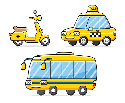 Motor scooter, taxi cab and yellow bus isolated. City road transport set.