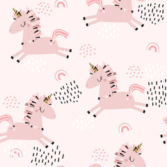 Pink pastel seamless pattern with unicorn. Kids trendy print. Vector hand drawn illustration. - 446334319