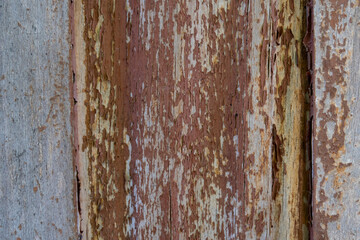 Old wooden board with old shabby paint. Textured background. Selective focus.