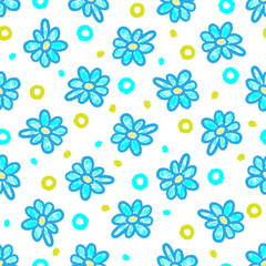 Beautiful blue chamomile flowers isolated on white background. Cute pencil floral seamless pattern. Vector simple flat graphic hand drawn illustration. Texture.