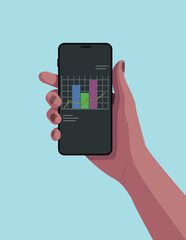 Hand with smartphone.  Businessman. Stock market  trading graph, exchange. Schedule. Analytical data. Diagram on smartphone screen. 