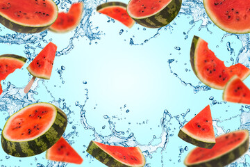 Ripe watermelon cut into pieces flying in the air, with splash of water. Copy space