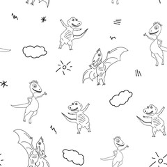 seamless pattern of funny dinosaurs in doodle style on a white background.vector illustration
