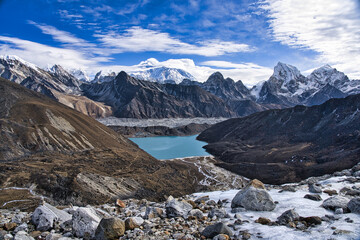 Fototapeta na wymiar Mount Everest Trek through snow capped mountains pass, Nepal. Gokyo lake and village in winter is a breathtaking tourist destination for those seeking adventure.