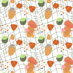 Contemporary flat minimal lattice seamless patterns with abstract shapes.