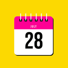 July day 28. Number twenty-eight on a white paper with pink color border on a yellow background vector.Calendar illustration