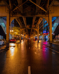 empty colorful street in chicago at night