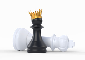 Black chess pawn crowned with a gold crown isolated on white background. 3D rendering illustration - obrazy, fototapety, plakaty