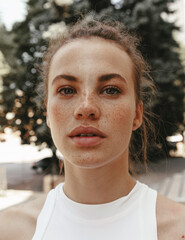 Portrait of a beautiful and cute girl with freckles in the street