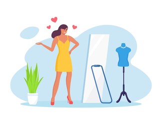 Beautiful woman standing, looking at mirror and smiling. Self love, self acceptance, confidence. Love yourself. Female narcissism. Vector illustration