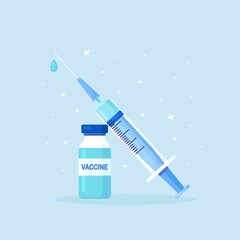 Vaccine vial and syringe injection tool. Treatment for Covid-19 Coronavirus. Time for vaccination. Stop pandemic. Healthcare. Antiviral medical concept. Vector illustration