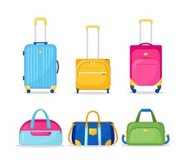 Suitcases, luggages for travel isolated on white background. Set of baggage. Vector illustration