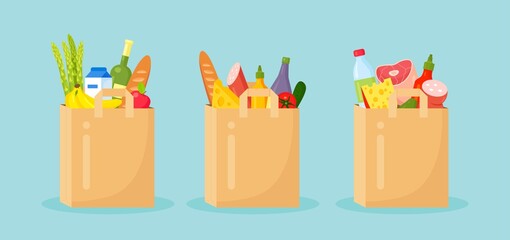 Reusable paper eco bags full of grocery products, healthy food. No plastic bag, use your own eco friendly package. Recycled Recyclable Biodegradable Sustainable Packaging. Vector illustration