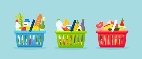 Plastic shopping baskets for supermarket. Shopping basket full of grocery products, fresh healthy food, drink. Vector illustration