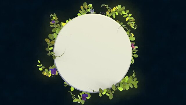 Growing plants and vines animation on black background with a blank circle