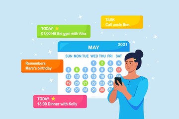 Woman is planning day, scheduling appointments on phone. Girl using calendar application for texting messages, checking, adding event, meeting reminders. Vector illustration