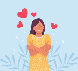 Love yourself. Groomed beautiful woman hugging herself. Love your body concept. Girls Healthcare Skincare. Take time for your self. Vector illustration
