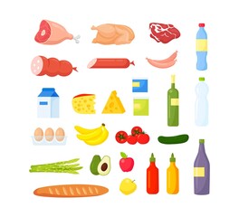 Different food set. Fruits and vegetables, meat and diary, bread and drinks. Vector illustration