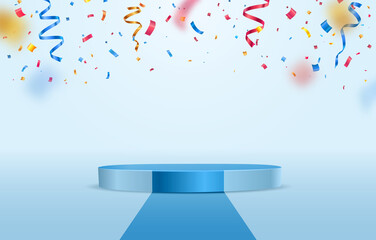Blue stage podium with falling down colorful confetti on light background. Winner congratulations pedestal template vector illustration. - obrazy, fototapety, plakaty