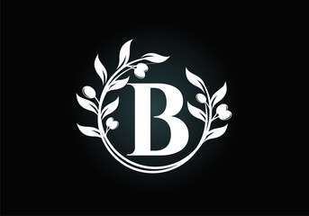 Initial letter B sign symbol with olive branch wreath. Round floral frame made by the olive branch. Agriculture industry logo design vector template. Olive oil label