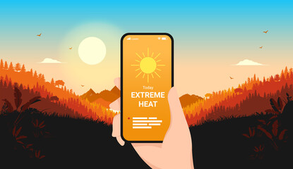 Extreme heat weather forecast on smartphone - Hand holding phone in landscape with warm sun. Heat wave and sunny weather concept. Vector illustration - obrazy, fototapety, plakaty