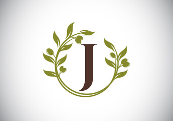 Initial letter J sign symbol with olive branch wreath. Round floral frame made by the olive branch. Agriculture industry logo design vector template. Olive oil label