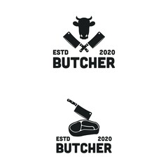 Vintage Retro Butcher shop label logo design with crossed cleavers