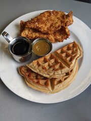 Chicken and waffles diner food syrup