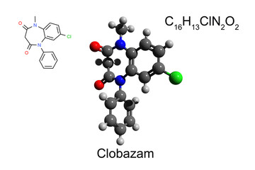 Chemical formula, skeletal formula, and 3D ball-and-stick model of anticonvulsant medication clobazam, white background