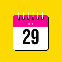 July day 29. Number twenty-nine on a white paper with pink color border on a yellow background vector.Calendar illustration