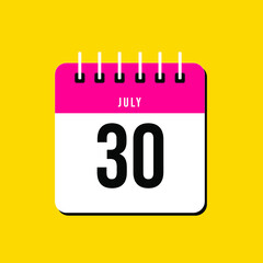July day 30. Number thirty on a white paper with pink color border on a yellow background vector.Calendar illustration